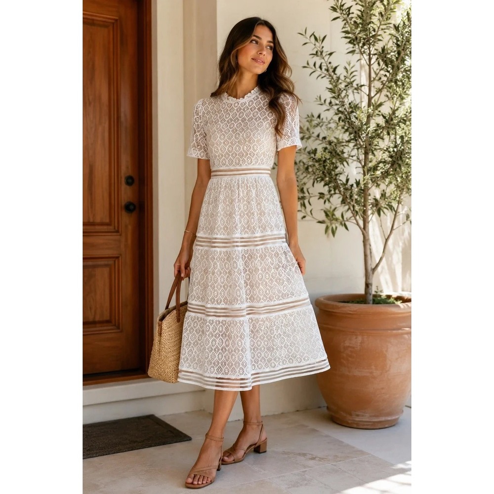 NWT BALTIC BORN Windsor Lace Midi Dress Ivory Nude Feminine Romantic Small